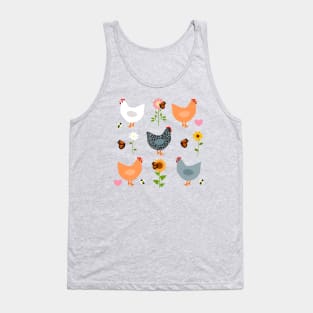 Chickens in the Flower Garden on Green Tank Top